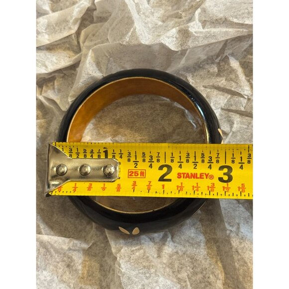 Vintage Black & Yellow Wooden Bangle Bracelet With White Floral Inlay Design 2.5 - Picture 3 of 7
